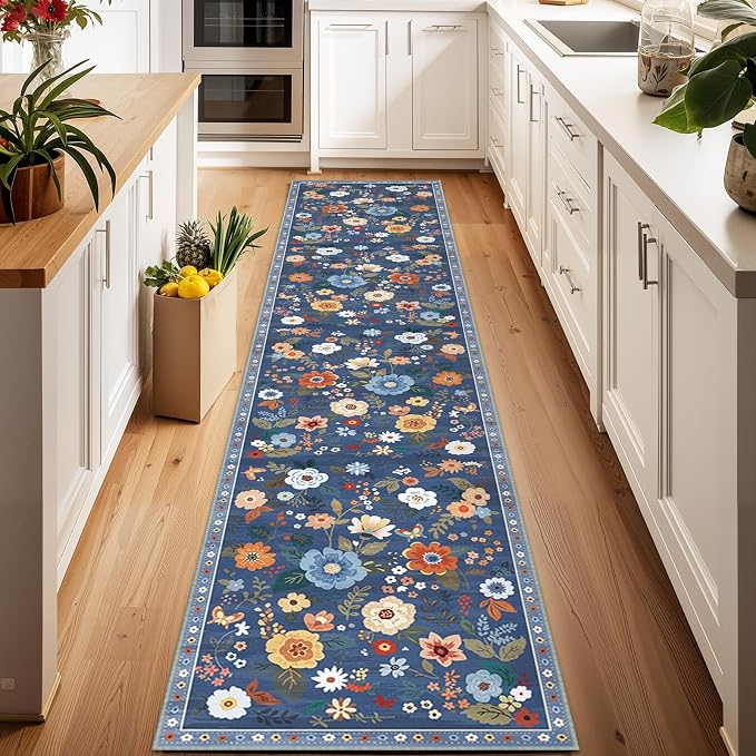 Floral Washable 2x10 Area Rugs Runner Entryway Hallway Blue/Grey | Flower by RELEANY