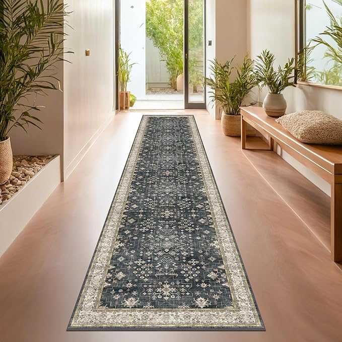 Black Boho Washable 3x20 Extra Long Runner Rug by HazoHaus