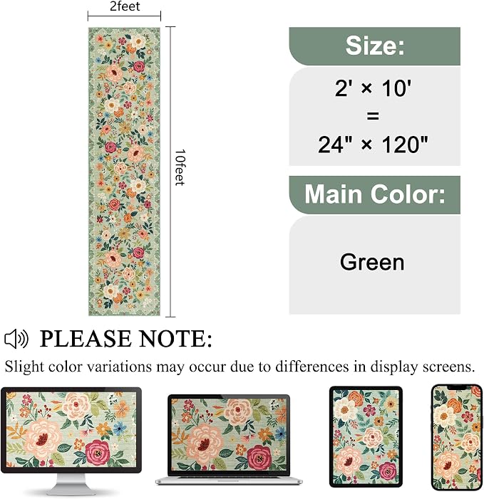DUKINO 2x10 Runner Rug, Floral Washable Kitchen Runner Rug Non Slip, Low Pile - Image 2