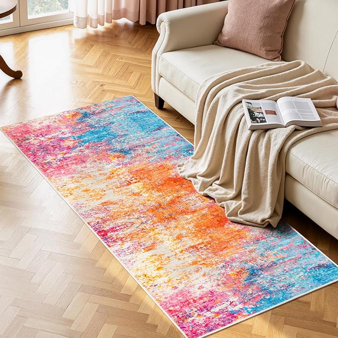 Rugflix 2x6 Runner Rug for Hallway, Washable Colorful Rainbow Runners | Machine - Image 2
