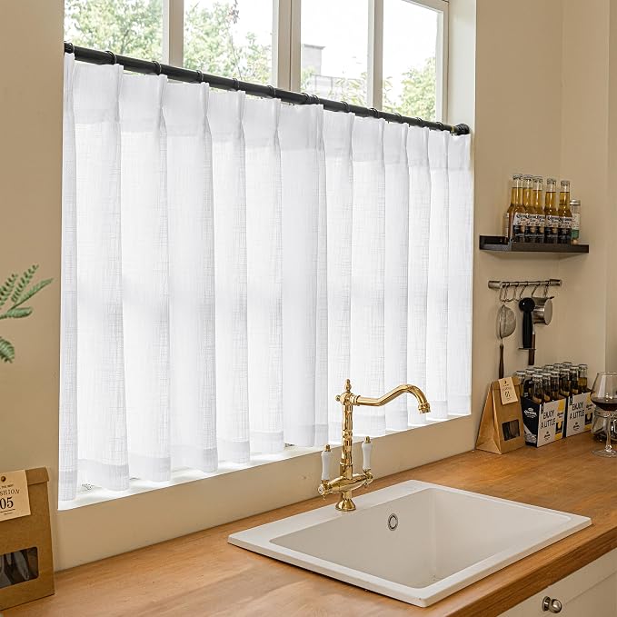 White Linen Kitchen Window Curtains 2 Panels Pinch Pleated 24 Inch Length | - Image 6