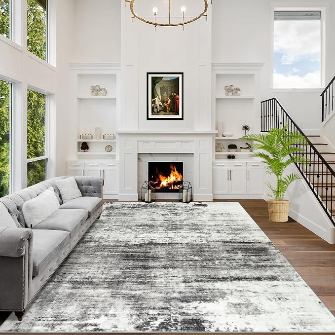 8x10 Area Rugs for Living Room: Washable Abstract Black Grey Badroom Carpet | by GENTDRIZZ