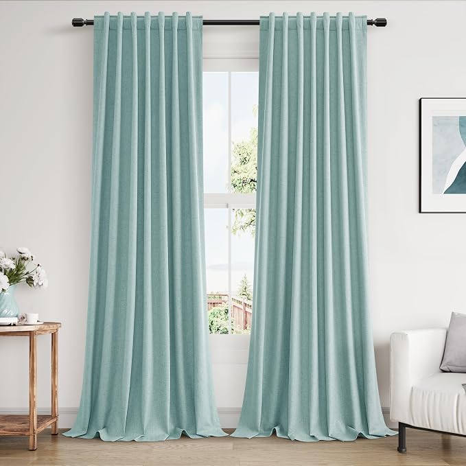 Light Blue 100% Blackout Linen Curtains 108 Inch Length 2 Panels Set by Guken