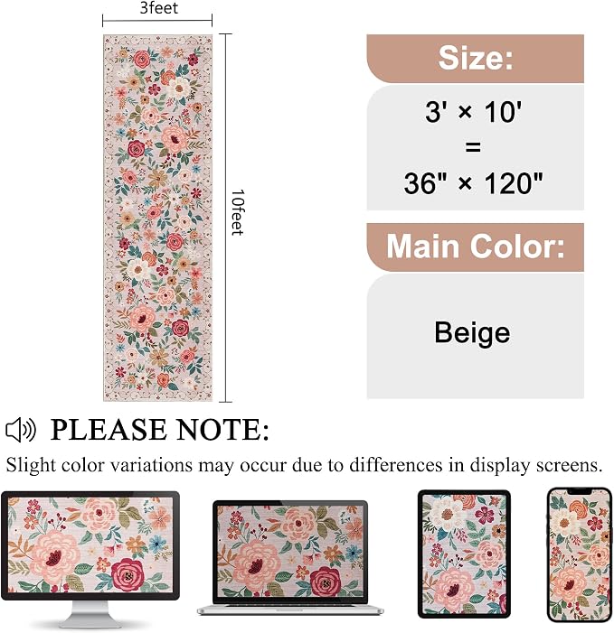 DUKINO 3x10 Runner Rug, Floral Washable Kitchen Runner Rug Non Slip, Low Pile - Image 2
