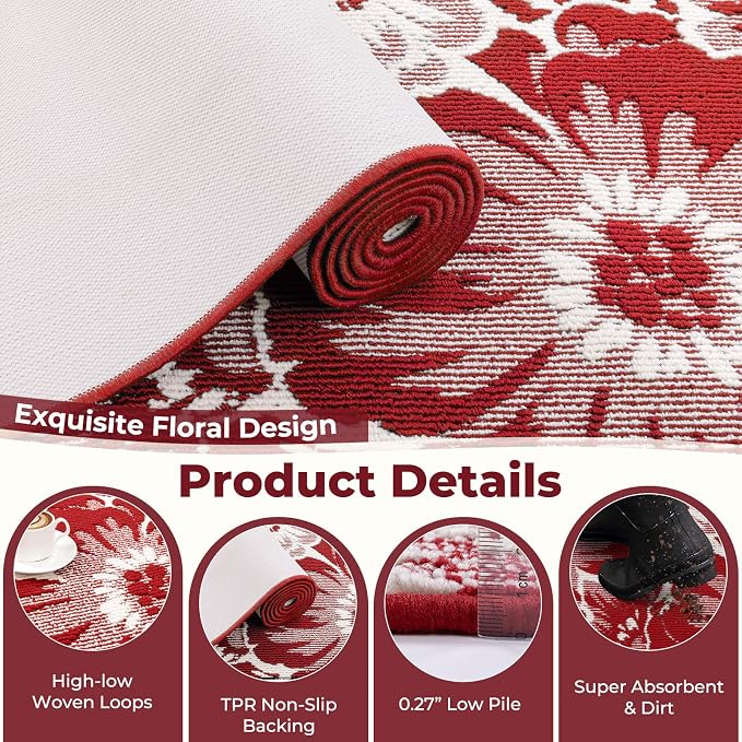 Findosom Christmas Runner Rug 2x6, Non Slip High-Low Textured Floral Washable - Image 3