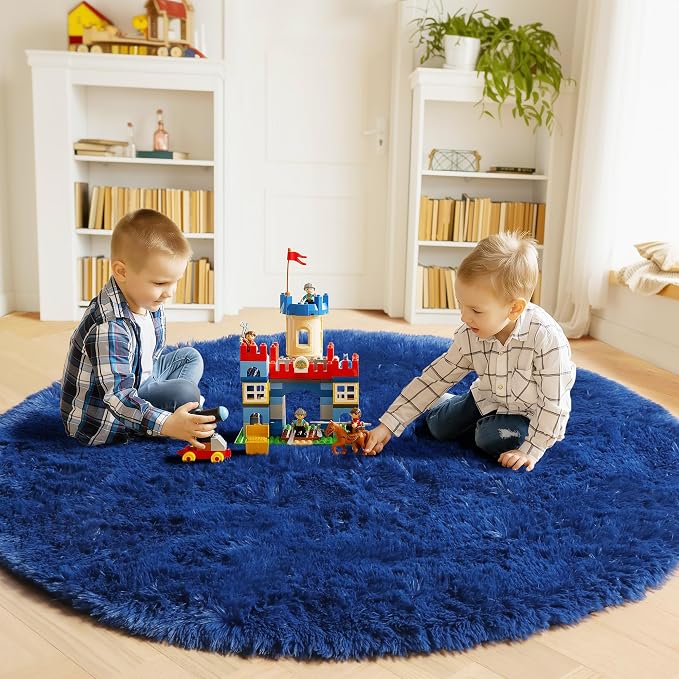 Navy Blue Round Rug 4ft, Fluffy Soft Circle Area Rugs - Image 3