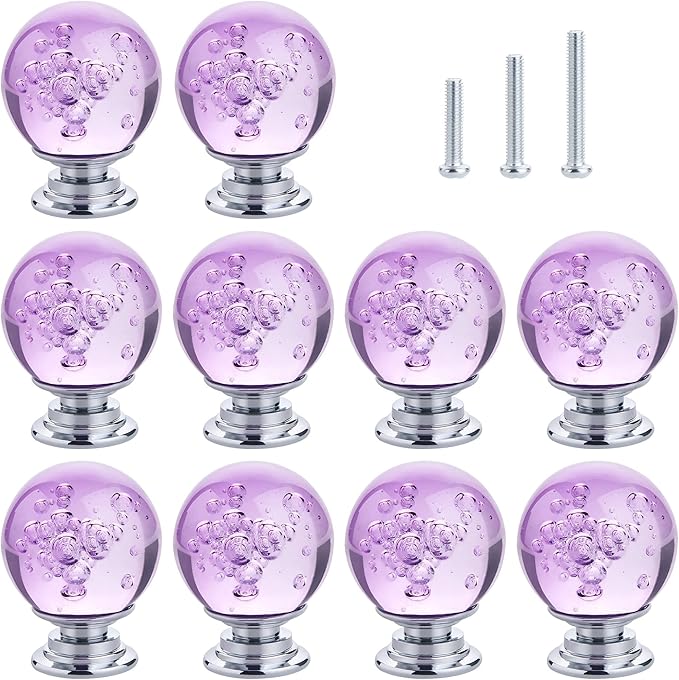 10 PCS Crystal Cabinet Knobs Round Glass Bubbles Dresser Knobs Smooth Drawer Knobs Handle for Home, Cabinet, Drawer and Dresser Hardware with 3 Different Size Screws, 30MM (Purple)