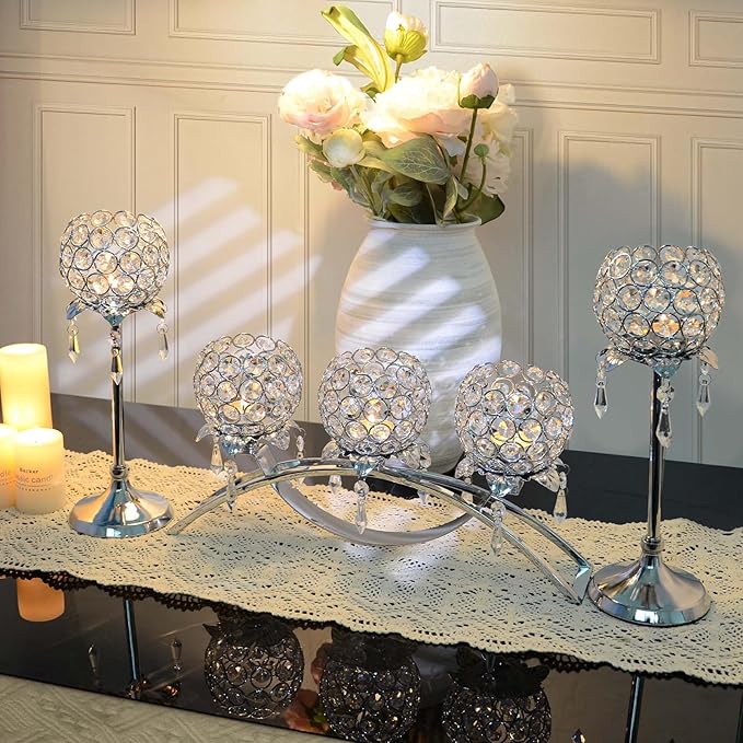 Set of 3 Gold Crystal Tea Light Candlestick Holders Flower Shape with Crystal Pendant Bowl Votive Metal Candle Holder for Table Centerpieces Wedding Home Decor (Set of 3, Silver)