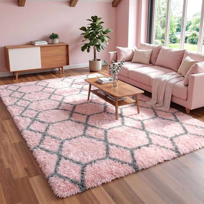 6x9 Area Rugs for Living Room Bedroom, Fluffy Pink and Grey Geometric Rug | - Image 6