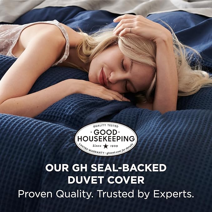 Bedsure Cotton Duvet Cover Set - 100% Cotton Waffle Weave Navy Duvet Cover Oversized King Size, GentleSoft™ and Breathable Bedding Set for All Season, 3 Pieces, 120"x98"