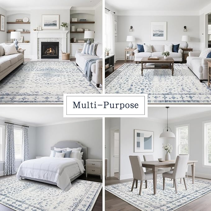 8x10 Washable Area Rugs for Living Room, Dining Room- Blue White | Retro Floral - Image 5