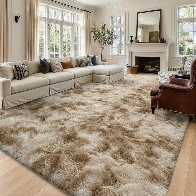 8x10 Extra Large Tie-Dyed Beige Fluffy Area Rug Non-Slip - Image 2
