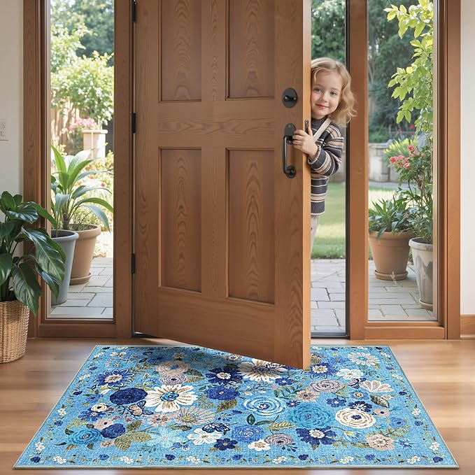 Blue Garden Floral Hallway Runner Rug 2x5for Bedroom Kitchen | Rubber Backing; - Image 5