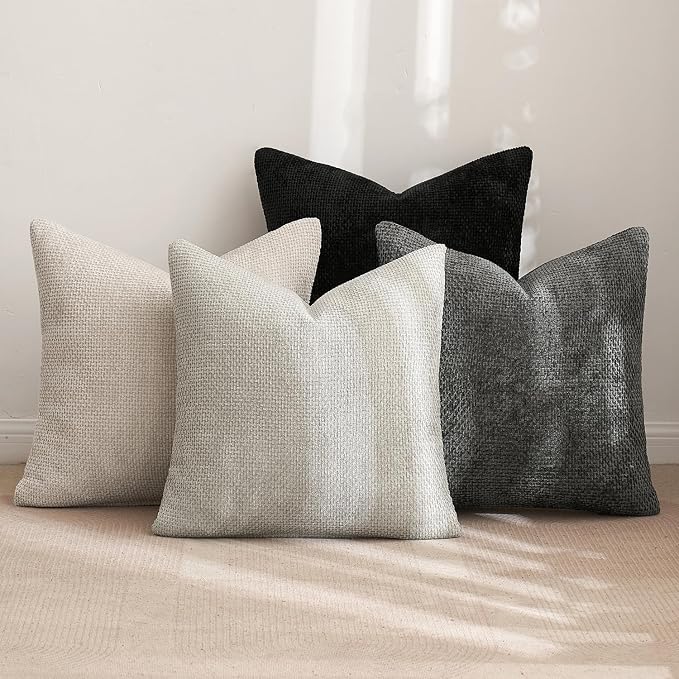 MIULEE Soft Decorative Chenille Pillow Covers Cream Grey 16x16 Pack of 4 | - Image 4