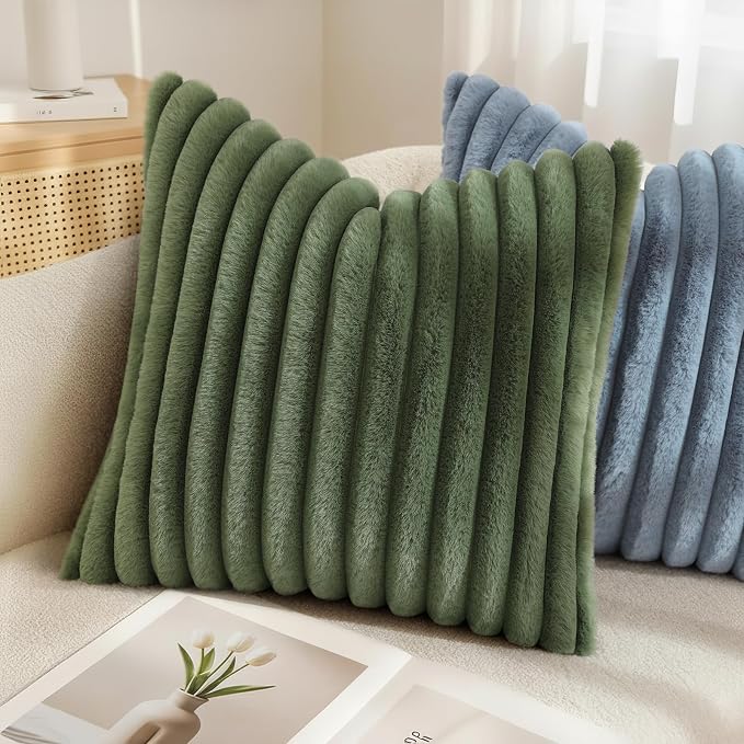 decorUhome Fall Faux Fur Throw Pillow Covers 18x18 Set of 2 Olive Green | - Image 6