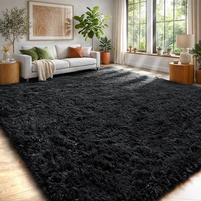 Fluffy Shaggy Black Area Rug 8x10 Feet, Plush Rugs - Image 4