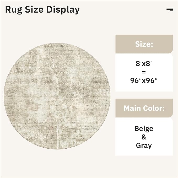 Soalmost Round Rugs 8ft Living Room Circle Area Rug 8x8 Beige/Gray Vintage | - Image 5