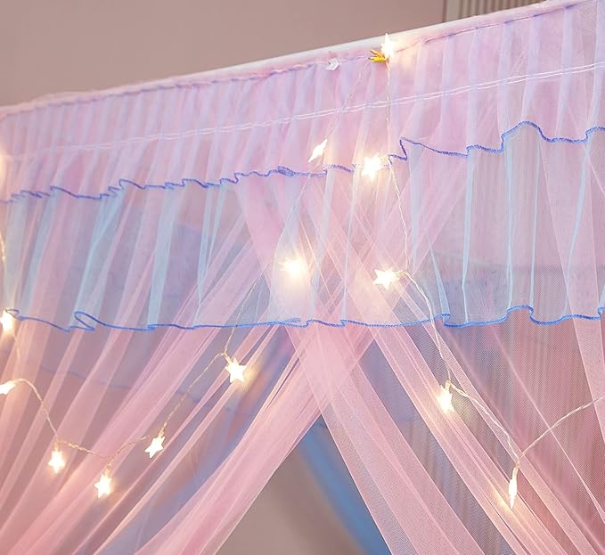 Mengersi Rainbow Canopy Bed Curtains with Lights -Bed Canopy for Girls - Bed Drapes Netting- Bedroom Decoration Accessories,California King