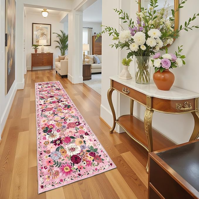 Floral Hallway Runner Rug for Bedroom Kitchen 2'6"x14' | Rubber Backing; Non - Image 7