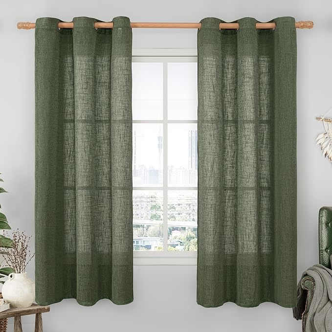 Olive Green Semi Sheer Linen Window Curtains 2 Panels Set, 60 Inch Light by LAMIT
