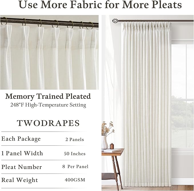 Light Filtering Cream Pinch Pleated 98 Inch Thick Linen Curtains 50Wx98L | Semi - Image 5