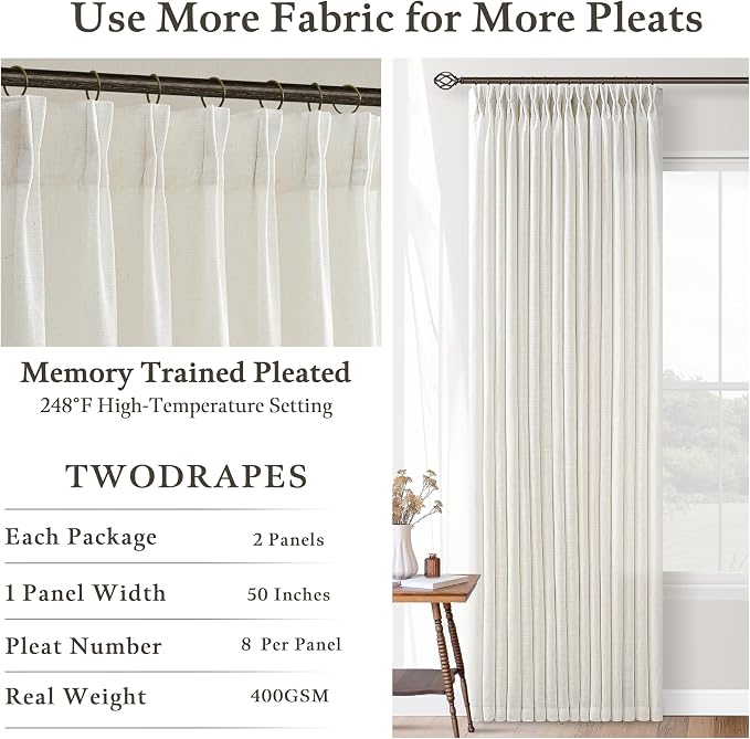 Semi Sheer Linen Pinch Pleat Curtains Cream Ivory 72 Inches Long 50Wx72L | - Image 6