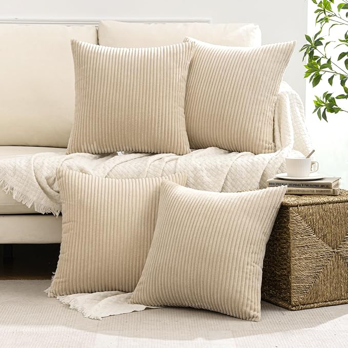 MIULEE Soft Corduroy Decorative Throw Pillow Covers Beige 18x18 | Set of 4 - Image 2