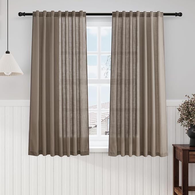 Dark Taupe Linen Sheer Curtains 54 Inch Length 2 Panel Set Back Tab Rod Pocket by Nanspring