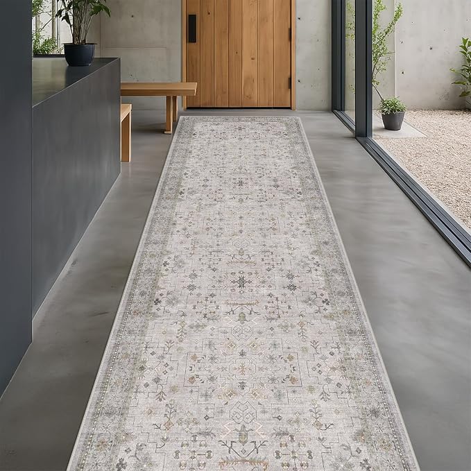 Boho Washable 3x20 Extra Long Hallway Runner Rug, Neutral Light Gray & Sage - Image 6