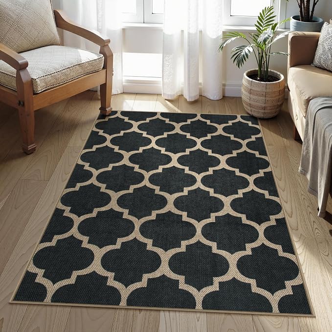 Lahome Moroccan 3x5 Outdoor Rug, Easy Jute Black Washable Rug by Lahome