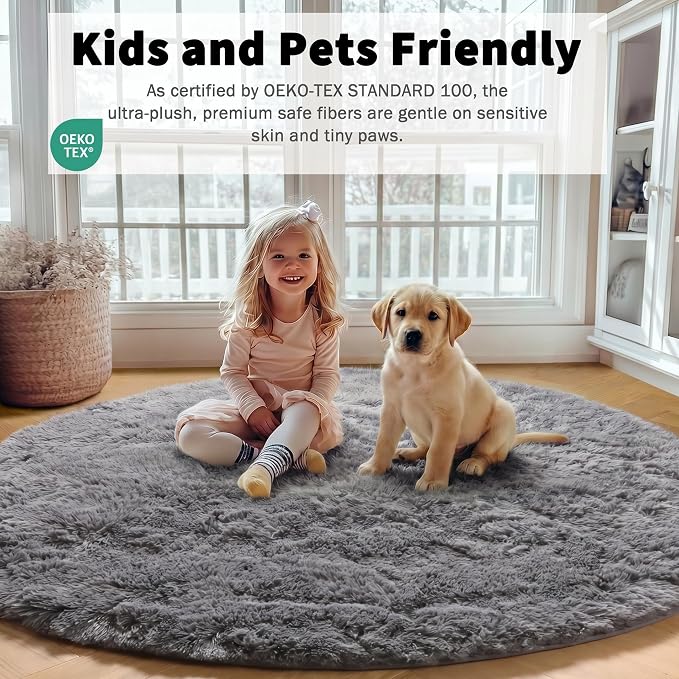 Grey Round Rugs 8ft for Living Room, Fluffy Bedroom Circle Area Rug, Soft Plush - Image 6