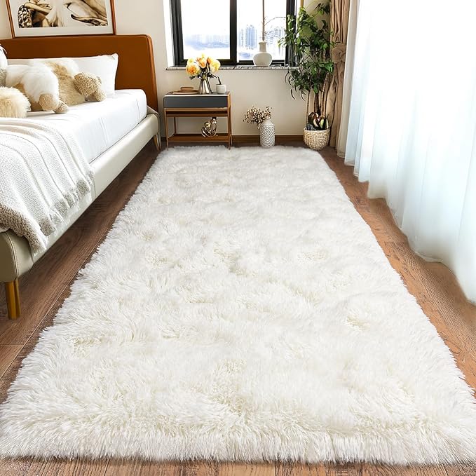 Pionblank Fluffy Runner Rugs for Bedroom 2x6, Cream White | Modern Shaggy Area by PIONBLANK