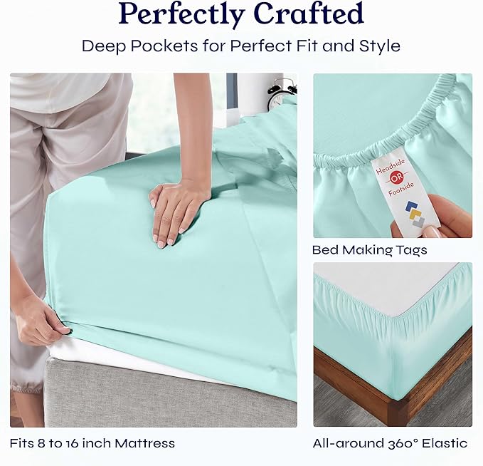 California Design Den Full Size Bed Sheets Set - Soft 400 Thread Count Sateen, Natural 100% Cotton Sheets with Deep Pockets, Breathable, Cooling and Durable Bedding Set - Seafoam