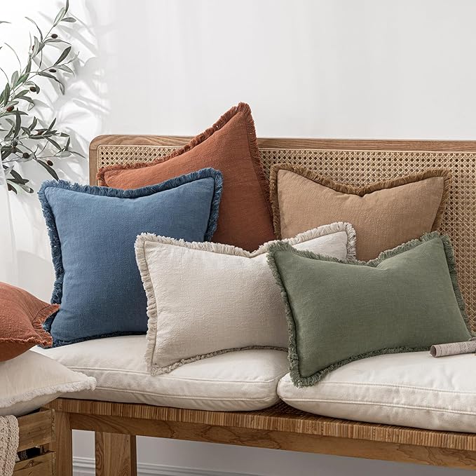 MIULEE Linen Fringe Decorative Lumbar Throw Pillow Covers Blue Ashes 12x20 | - Image 5