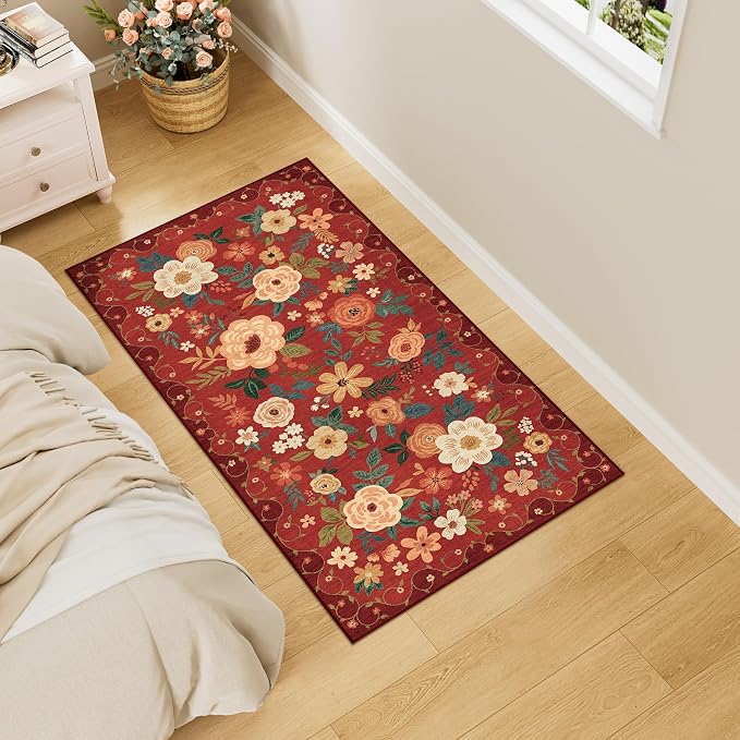 DUKINO 2x4 Entryway Rug, Floral Washable Kitchen Rugs Non Slip, Soft Indoor - Image 3