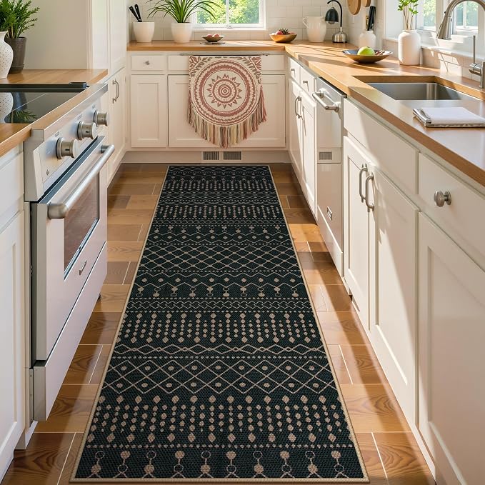 Lahome Moroccan Easy Jute Washable Runner Rug, 2x8 Black Kitchen Runner | by Lahome