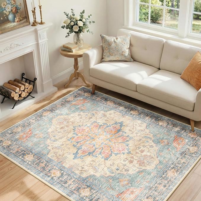 RELEANY Washable Area Rug, Water Repellent, Pet Friendly, Vintage Floral Boho - Image 2