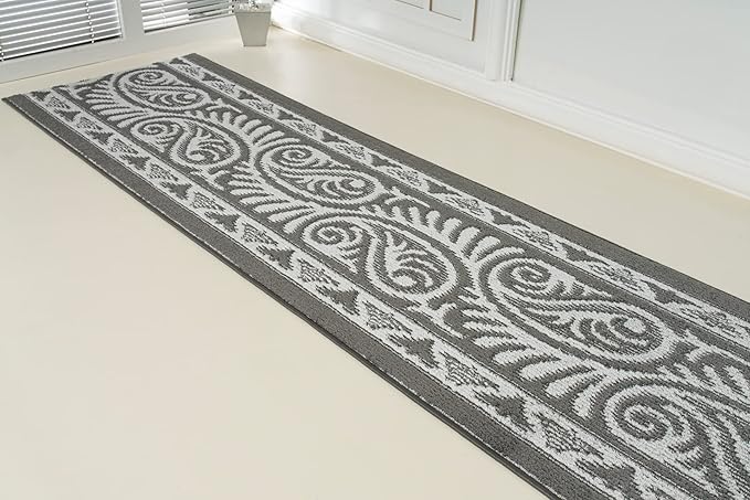 Custom Length Cut to Size Tribal Ethnic Southwestern Inspired Hallway Runner Rug, Non Slip Rubber Backed, 31 inch Wide X Customized Length, Mayan Grey, 31 inch X 9 feet