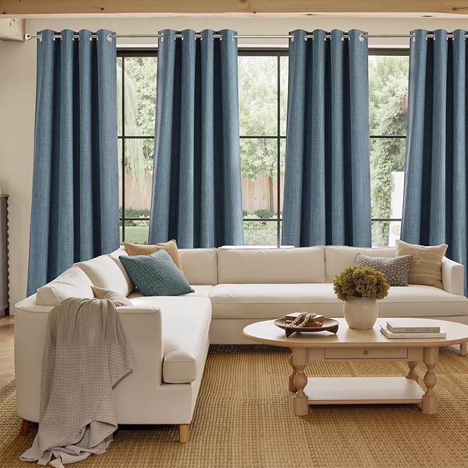 NICETOWN Short Faux Linen Mist Blue Blackout Curtains 63 inches Long for Kitchen - Privacy Panels for Living Room Bedroom, Modern Farmhouse Style Easy Care Grommet Top, 2 Panels, W42 by L63