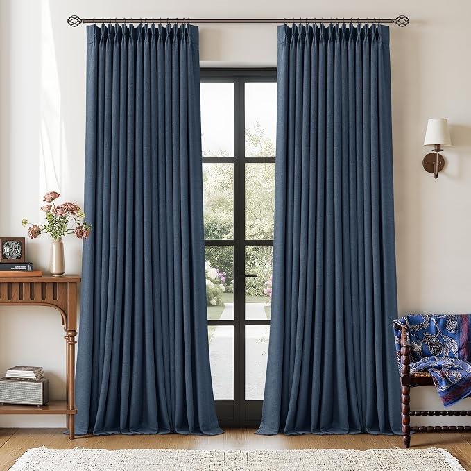 Navy Blue 108 Inch Pinch Pleated Blackout Linen Bedroom Curtains 2 Panels | by Twodrapes