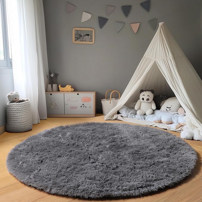 Grey Round Area Rugs 5ft, Fluffy Plush Shaggy Carpet - Image 7