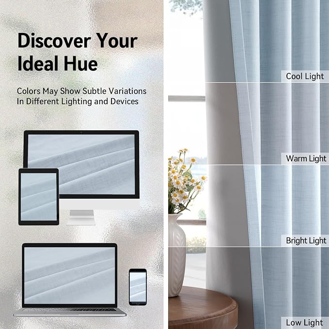 100% Blackout Linen Textured Curtains 72 Inch Long, Chambray Blue | 100% - Image 7