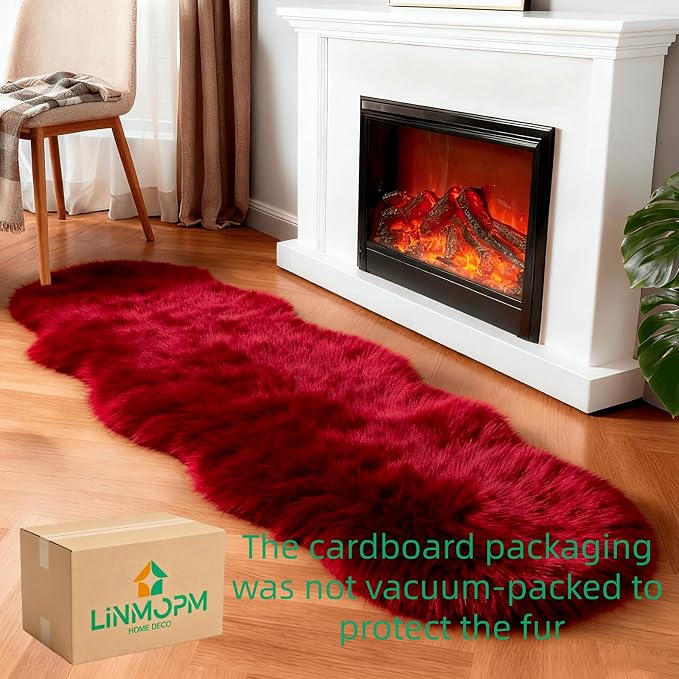 linmopm Faux Fur Rug Sheepskin Shag Fluffy Fuzzy Red 2x6 ft Runner Rugs - Image 2