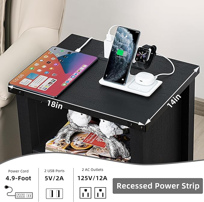 Night Stand, 18 Inch Farmhouse Nightstand with with Charging Station and USB Port, Rustic Couch End Table with Magnetic Door, Wood Bed Side Tables for Bedroom, Home, Black