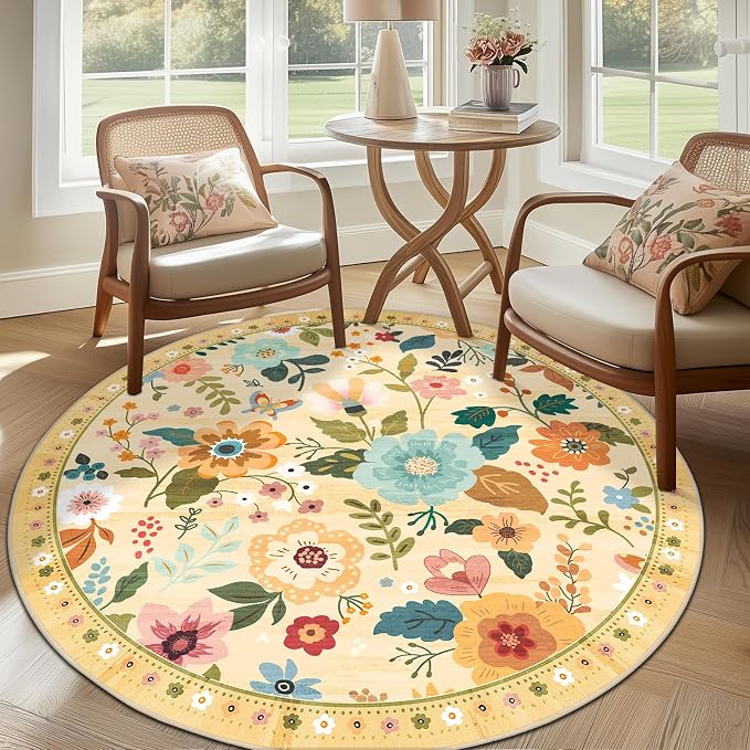 RELEANY Floral Washable Round 8ft Area Rug Ivory/Yellow | Flower Carpet Print - Image 6
