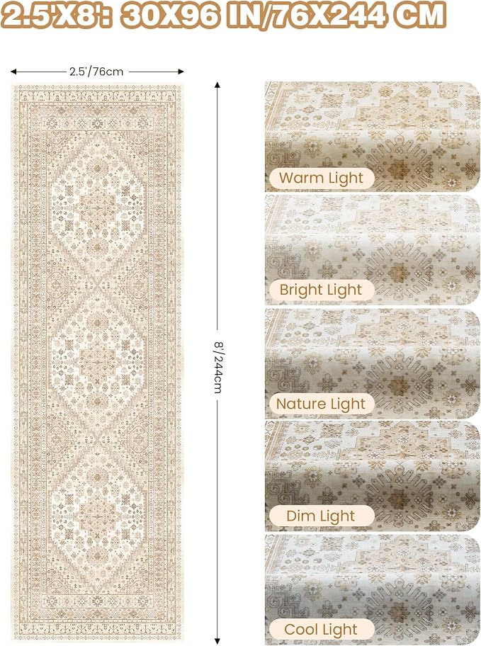 Kitchen Runner Rug Non Slip Washable Rugs 2.5x8, Cream/Beige | Soft Low Pile - Image 2