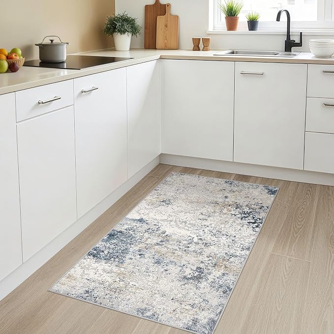 DMOYEST 3x5 Entryway Area Rug Washable Abstract Beige Blue Small Carpet | - Image 3
