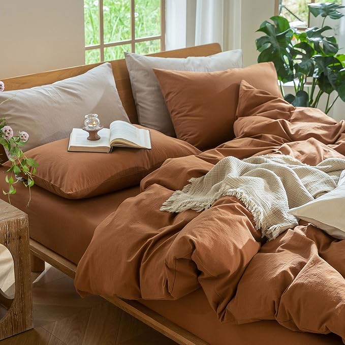 MooMee Bedding Duvet Cover Set 100% Washed Cotton Linen Like Textured Breathable Durable Soft Comfy (Solid Dark Orange, Super Queen 90"x98")