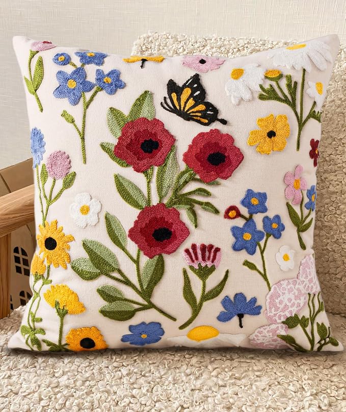 Embroidered Throw Pillow Cover 18x18 Inch, Retro Flower | Decorative Pillow by Kokaaee