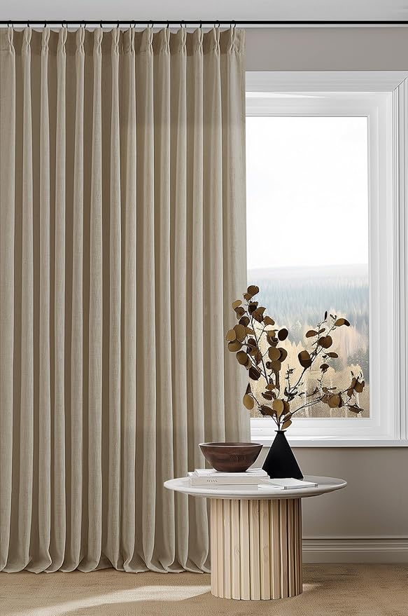 Grey Beige Pinch Pleated Semi Sheer Linen Curtains 92 Inches Long 2 Panel | by Twodrapes